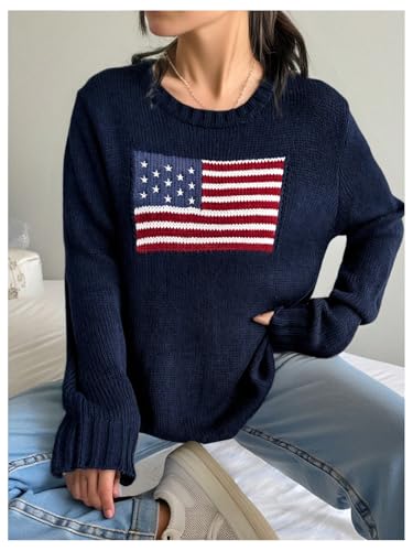 Milumia Girl's American Flag Knit Sweater Long Sleeve Crewneck Loose Pullover Tops Knitwear3