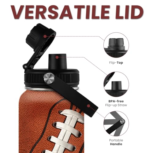 Image of SANDJEST Football Water Bottle - 32oz Insulated Stainless Steel Sports Bottles - Gifts for Men Football Lovers Fan Players