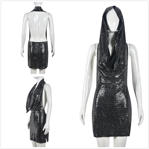 Image of Women Rave Holographic Dress Metallic Silver Mini Hoodies Backless Sleeveless Party Festival Dress