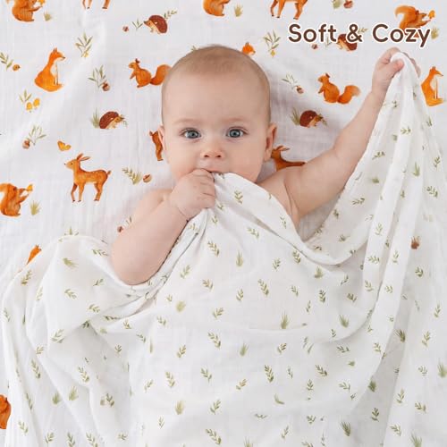 Image of david's kids 4 Pack Baby Muslin Swaddle Blankets, 100% Cotton and Ultra Soft Breathable Receiving Blanket Wrap for Boys Girls, New Born Essentials, Large 47 x 47 inches, Forest Animals