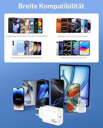 45W Ladegerät USB C Ladekabel für Google Pixel 10/9 Pro XL Fold, 9a/8/8a/7/6, Samsung Galaxy S25 S24 S23 Ultra, iPhone 17 16 15 Pro Max, Charger Schnellladekabel 2M + USBC Schnellladegerät Netzteil – Bild 7
