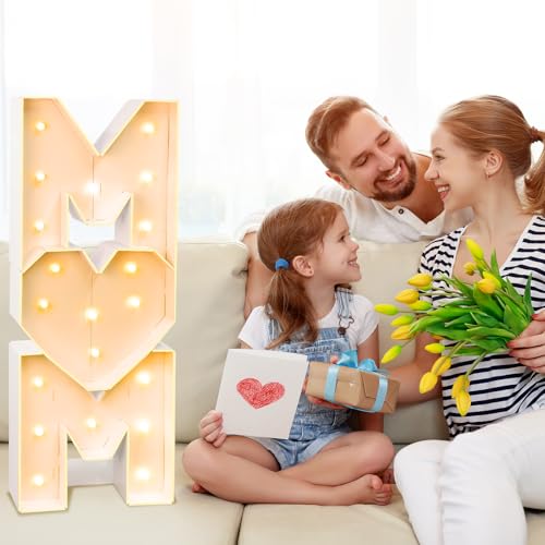 Image of Mother's Day Decorations LED Letter Lights, 4 Feet Tall 'MOM' Marquee Letters Lights Large Heart Sign for Mother's Day Wall Deor Birthday Party Decorations Supplies, White