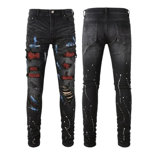 Jeans Pants Trousers Denim Men Black Street Trendy Stretch Tight Slim Fit Piercing Spray Paint Spots with Zircon Sequin Patches Personalized Casual(Black,33)4