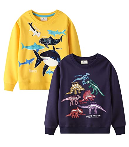 Loktarc 2 Pack Toddler Boys Sweatshirts Patterned Long Sleeve Pullover Crewneck Tops Shirts Navy Dinosaur + Yellow Shark 3-4 Years/Size 4T #TOP20