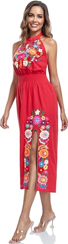 Image of Womens Mexican Floral Embroidered Halter Maxi Dress Side Slit Boho Dress