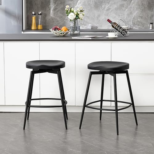 Image of 25'' Solid Wood Saddle Stools Set of 2, Swivel Counter Height Bar Stools Backless, Wooden Bar Stools with Metal Legs and Ergonomics Seat for Kitchen Island, Black