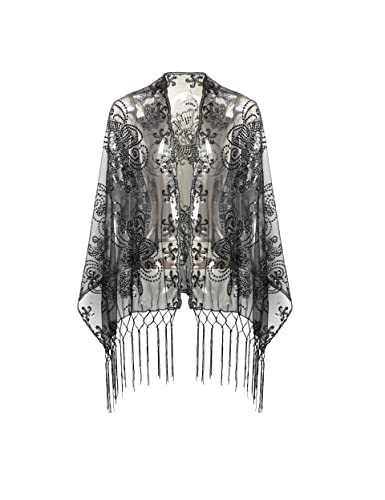 Image of BABEYOND 1920s Sequined Shawl Wraps for Women Fringed Evening Cape Wedding Bridal Shawl Scarf for Evening Dresses Party