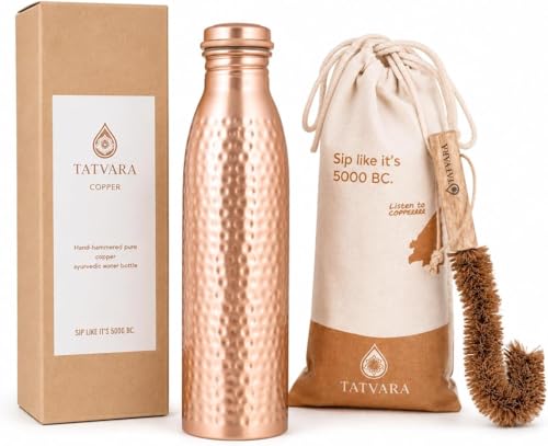TATVARA 100% Pure Copper Water Bottle 32 oz / 950 ml - Leak Proof Bottle with Gift Pouch Handmade Hammered Design BPA Free Reusable Bottle with Cleaning Brush for Yoga Gym Travel