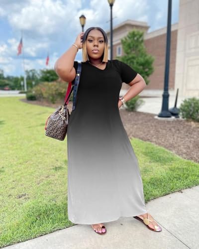 Image of TOPSRANI Womens Plus Size Maxi Dresses for Women Oversize Casual Short Sleeve V Neck Loose Plain Solid Trendy Summer Dress