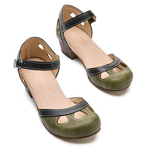 NUHEEL Women Leather Pumps Shoes Block Heel Mary Jane Pumps Vintage Round Toe with Ankle Strap Office Work Pumps Shoe Cute Low Kitten Heels Anti Slip Ballet Shoes Wedding Colorful Dress Sandals4