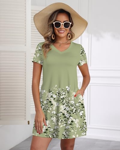 Image of COSSEN Women's Casual T Shirt Dress V-Neck Short Sleeves Swing Dresses Birthday Party Summer Travel Beach with Pocket