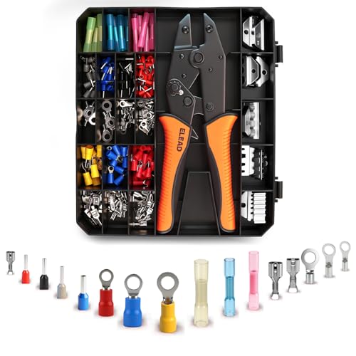 200-Piece Ratchet Wire Crimping Tool Kit Ferrule Crimping Plier with 5 Interchangeable Jaws Terminal Crimper for Heat Shrink Insulated Nylon Non-Insulated wire ferrules Open Barrel Terminals
