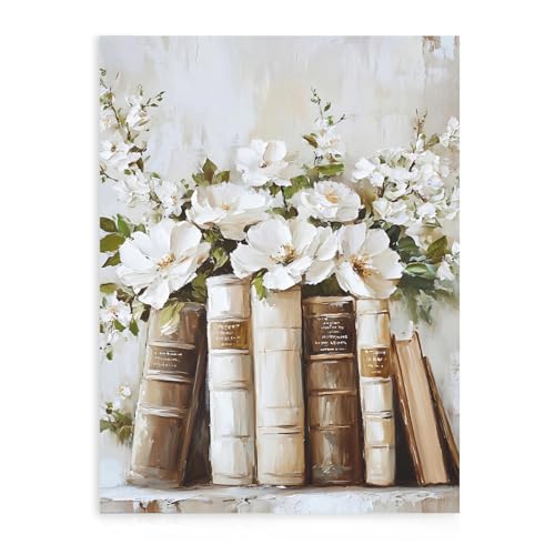 Dazzlewall Imágenes de Arte Floral y Libros, Lienzo de Pintura Óleo Biblioteca Estético Vintage para Estudio Dormitorio 30×40 cm Sin Marco