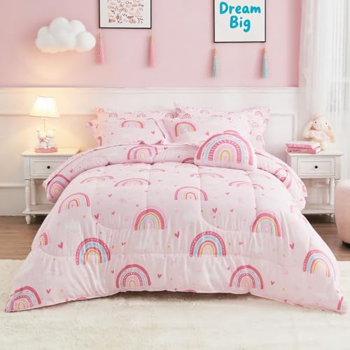 Mooreeke Bed in a Bag for Kids Girls Teens 6 Pieces Twin Size Comforter Bed Set with Shams Sheet Set and Decorative Toy Pillow Rainbow Pink Super Soft Microfiber Kids Comforter Bedding Set