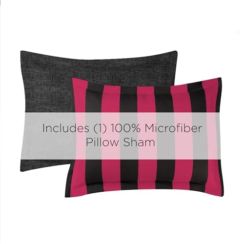 Image of Juicy Couture Cabana Stripe Reversible Bedding Set - Twin /Twin XL Size - Black and Hot Pink Stripe Print - 5 Piece Set - Includes 1 66 inch x 90 inch Comforter, 3 Decorative Pillows, 1 Sham