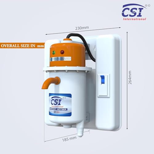 Image of CSI International Instant Water Heater Geyser 1 Litre Portable ABS Plastic Body Fast Heating Electric Water Heater with Auto Cut Off Safety and 1 Year Warranty White Orange