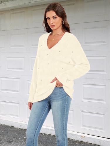 Women’s Oversized V-Neck Sweaters Long Sleeve Fuzzy Knit Warm 2025 Pullover Sweater Top3