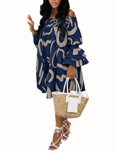 Image of WOKANSE Party Dresses for Women Off Shoulder Layered Flare Sleeve A line Ruched Plus Size Midi Summer Dress