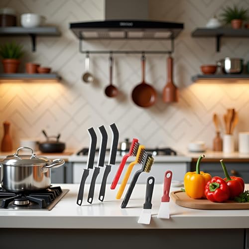 Image of 8Pcs Multicolour Kitchen Stove Cleaning Brush+Heavy Duty Scraper Tool Set for Gas Burners Cooktop Pot Pan Brass,Stainless Steel and Nylon Brush Head Brushes for Range Hood Grease Grime,Cleaning Tools