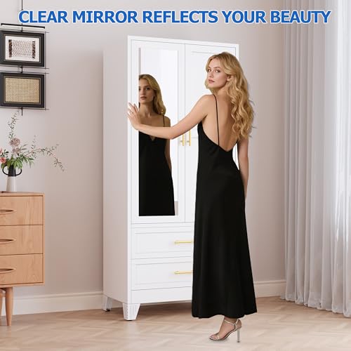 Image of GAIOUS Steel Armoire Wardrobe Closet with Mirror and 2 Drawers 71 inch White