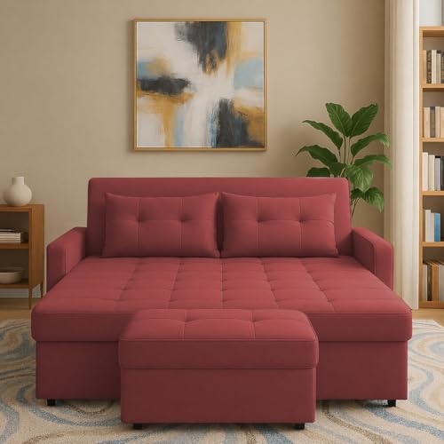 Image of Emilio 2-Seater Sofa Cum Bed for Living Room, Office & Home with Center Table | Premium Fabric Pull-Out Sofa Set with 1 Year Warranty | Space Saving Convertible Sleeper Sofa | Maroon Colour