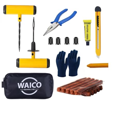 Image of WAICO 9 in 1 Universal Tubeless Tyre Puncture Kit | with Tools, Plier, Knife, Puncture Strips,Gloves & Storage Bag | Emergency Flat Tire Repair Tool Set for Car, Bike, SUV, & Motorcycle.