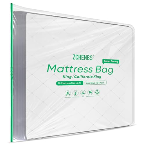 ZCHENBS® - King Mattress Bags for Moving, Waterproof Storage Bag with Zipper, Heavy-Duty 5 Mil Ultra-Thick California King Mattress Protector Cover for Moving, Reusable (Transparent/Green, 2 Pack)