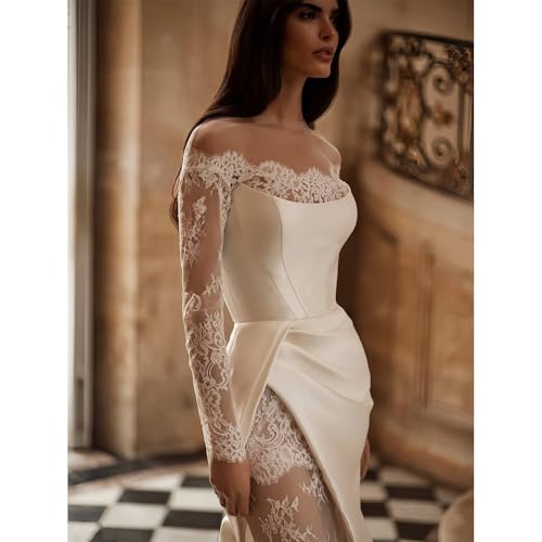 Off Shoulder Satin Wedding Dresses Mermaid Lace Long Sleeve Bridal Gowns with Train for Brides2