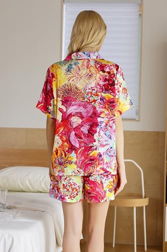 Image of YiNi LuLu Womens Silk Satin Shorts Pajamas Set Button Down 2 Piece Pjs Short Sleeve Oversized Sleepwear with Pockets