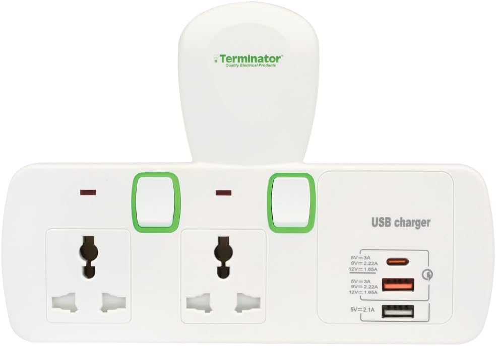Terminator 2 Way Universal Multi Plug Adaptor T Socket Extension With 3 USB (2A & 1C Type), Individual Switch & Indicator, ideal for Home Appliances, Office, Smart Phones Chargers - ESMA approved