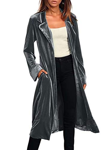 KIRJAUDU Women's Lapel Velvet Jacket Open Front Mid Length Wrap Belt Overcoat Robe Outerwear Grey L