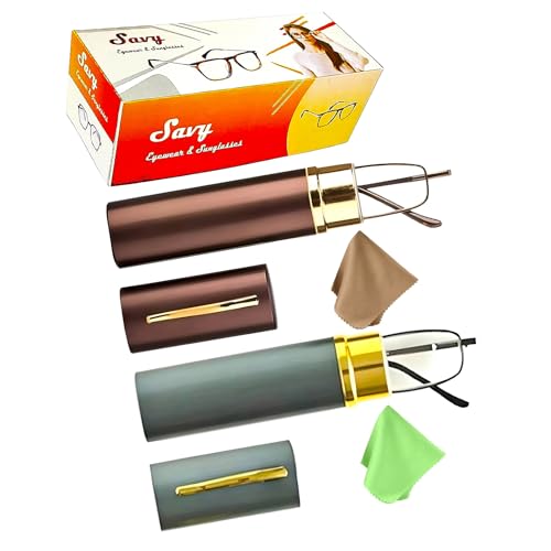 Image of SAVY Metallic Compact Colored(Golden, Brown & Grey) Frame Reading Eye Spectacles Glasses with Eye Protection and No Eye Strain for Men Women with Light Weight Pen Type Case