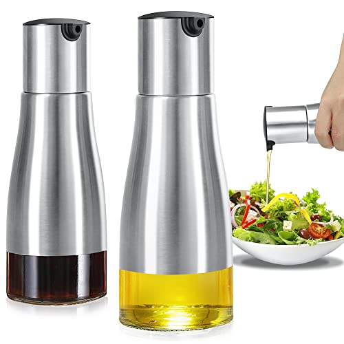 Olive Oil Dispenser Bottle Set, Vakoo 2 Pack Stainless Steel Oil and Vinegar Cruet Set, Oil Dispenser with Elegant Glass Bottle and Drip Free Design (10oz)