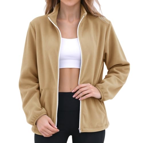 Soft Women's Lightweight Warm Full Zip Fleece Jacket with Pockets Khaki L - image 3