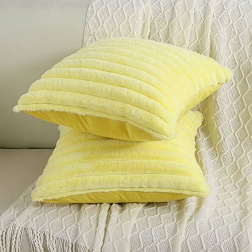 FUTEI Yellow Striped Decorative Throw Pillow Covers 16x16 Inch Set of 2,Square Winter Decorations Couch Pillow Case,Soft Cozy Faux Rabbit Fur & Velvet Back,Modern Home Decor for Bed
