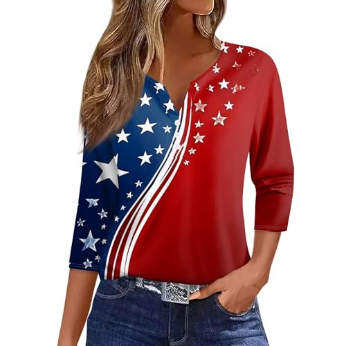 Image of 4th of July Shirts Women 3 /4 Length Sleeve Womens Tops Henley Neck Casual Patriotic T Shirts