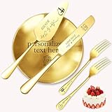 RSQGT Personalized Wedding Cake Knife and Server Set, Pie Server, Engraved Custom Cake Cutting and Dinner Plate Set for Wedding and Birthday Gifts (Gold 5-piece set)