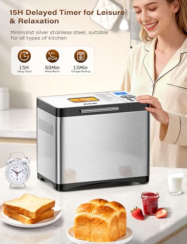 Image of KBS 19-in-1 Programmable Bread Maker, 2LB Bread Machine with Healthy Ceramic Pan, Stainless Steel Bread Maker Machine with 15H Timer& 1H Keep Warm, Sourdough, Gluten Free, 3 Crust Colors, 53 Recipes