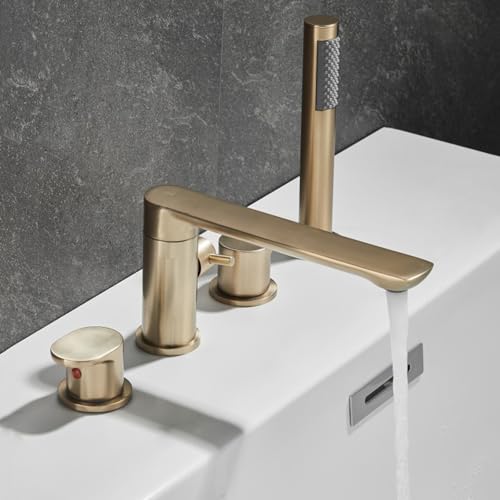 4 Hole Retractable Shower Mixer for Bath Taps 360° Rotation 2 Mode Deck Mounted Bath Mixer Tap Double Lever,Brushed Gold