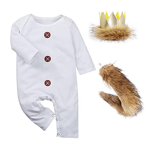 Image of FYMNSI Baby Boy Wild 1st Birthday Outfit Lion Romper + Crown Headband + Tail Halloween Costume Cake Smash for Photo Shoot