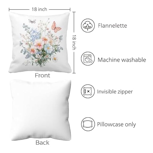 Watercolor Wildflower Throw Pillow Cover 18x18 Inch ¨C Floral Decorative Cushion Case with Butterflies, Pastel Spring Farmhouse Style for Sofa Couch Bedroom 493