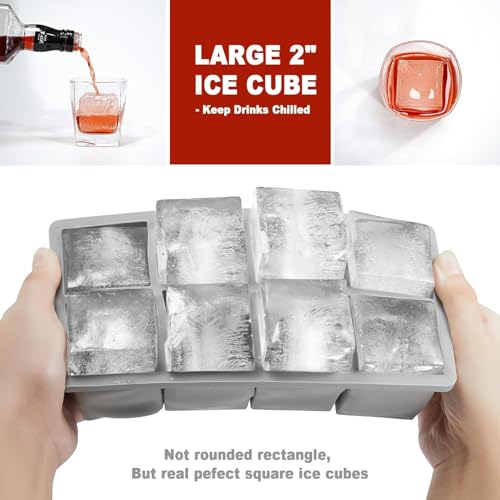 Image of Large Ice Cube Tray for Whiskey: Silicone Ice Cube Trays with Lid - 2Pack Big Square Old Fashioned Ice Cube Maker for Cocktail - 2inch Huge Cubed Ice Trays for Whisky (Grey-8 Grid)