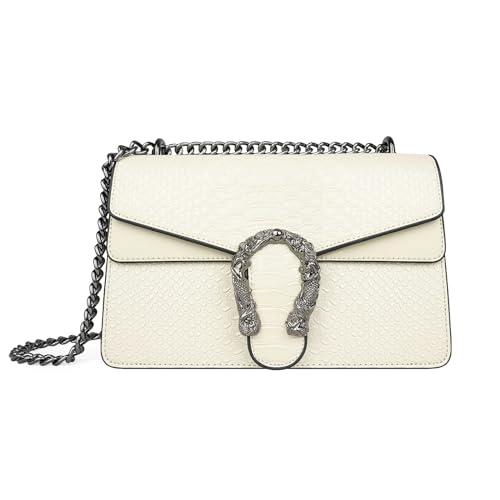Crossbody Shoulder Purse for Women - Snake Printed Leather Evening Clutch Chain Strap Small Satchel Bag White