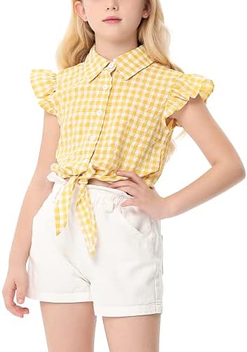LIONJIE Girls Flutter Sleeve Shirts Yellow Plaid Button Down Tie Knot Front Casual Blouse Summer Cardigan Crop Top 7-8Y