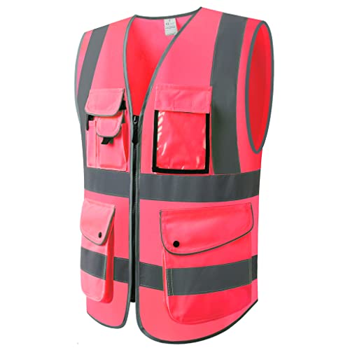 LLCOP Gilet réfléchissant Gilets de sécurité Rose Haute visibilité pour Femme avec Poches, Gilet réfléchissant avec Fermeture éclair, travaux extérieurs, Cyclisme, Jogging, Marche, Sport Cover