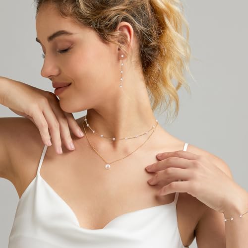 Image of Zeffy Gold Pearl Necklace for Women, Dainty 14K Gold /Silve Plated Layered Pearl Choker Pearl Earrings Pearl Bracelets Wedding Trendy Gold Jewelry Set for Women Gifts
