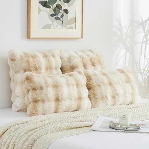 FUTEI Beige White Decorative Throw Pillow Covers 24x24 Inch Set of 2,Soft Fuzzy Faux Rabbit Fur European Cushion Covers with Raised Texture,Neutral Boho Home Decor for Couch Bed Living Room