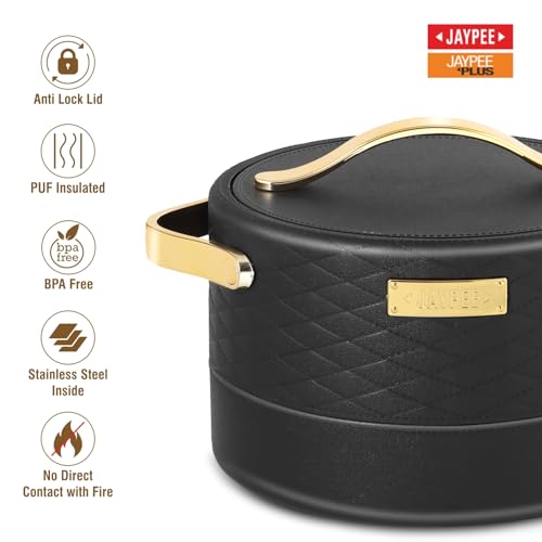 Image of JAYPEE Luxura Inner Stainless Steel Serving Casserole Set of 3 Elegance Unique Design PU Insulated 100% Food Grade with Lockable Lid, Chrome Plated Handle Hot Case | 1500, 2000, 2500 ml, Black