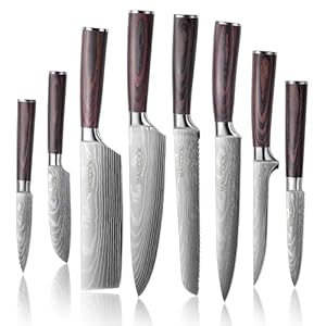 Chef Knife Set 8 Piece,Professional Ultra Sharp Kitchen Knives,Stainless Steel Chef’s Knife,Bread Meat Paring Cooking Knife with Wooden Handle,Rust Resistant Cutting Knives for Kitchen (Brown)