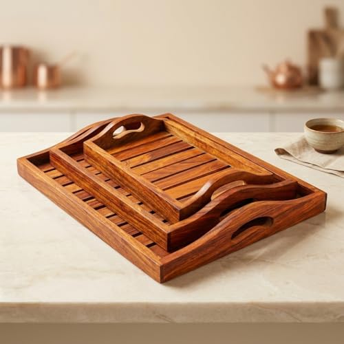 CARTADEN Wooden Serving Trays Large Medium and Small Nesting Multipurpose Trays for Breakfast Coffee Table Butter & More (Upper Round Handle Tray Set of 3)